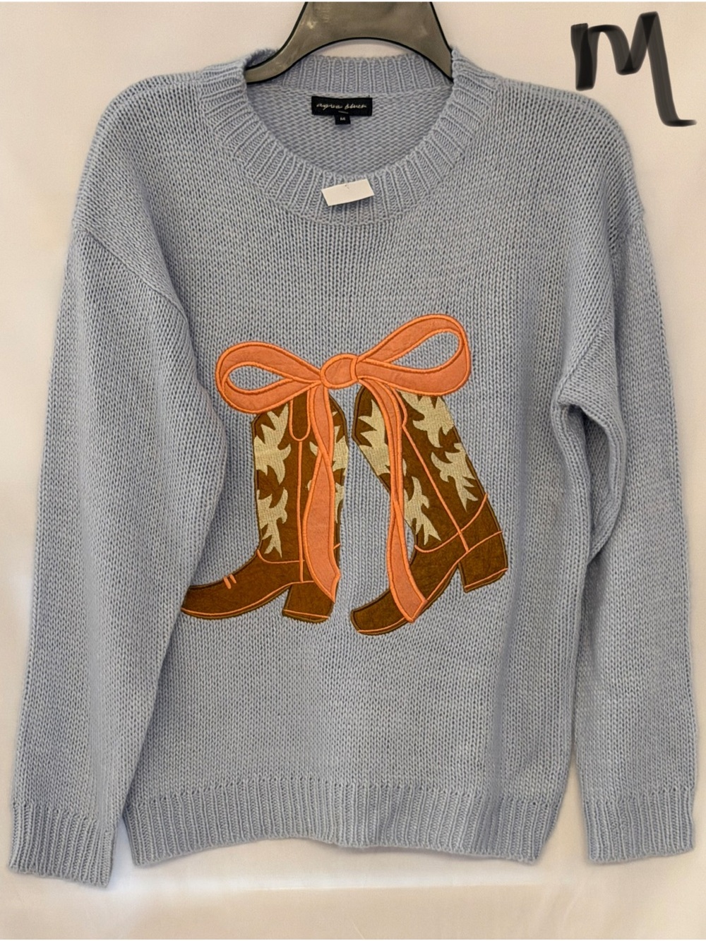 Light Blue Crewneck Sweater with Decorative Boot Appliqué - Unknown Brand